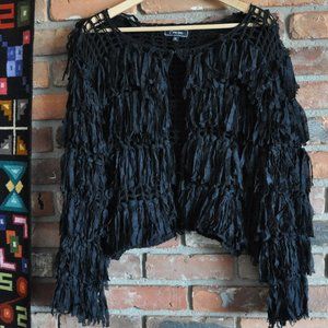 Minkas SHAGGY Black KNIT Ribbon FRINGE CARDIGAN  SWEATER XL